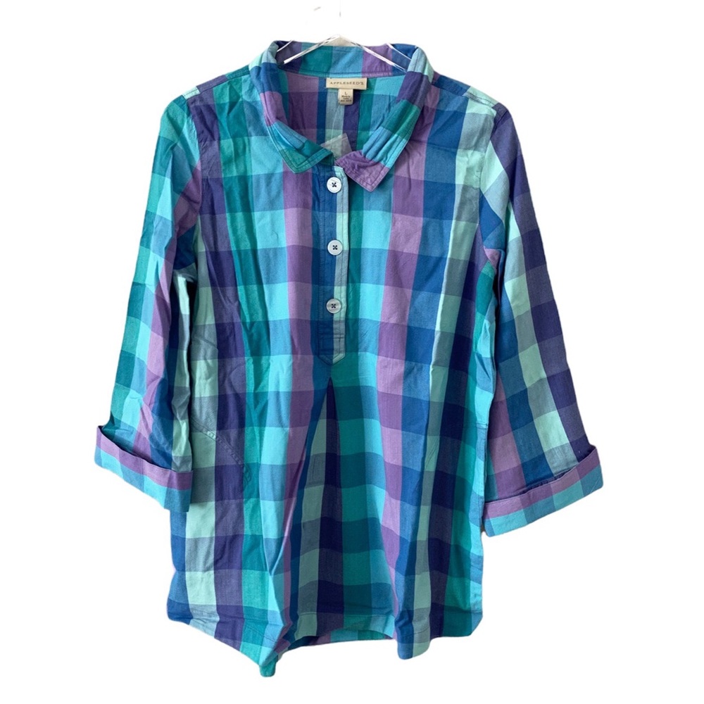 Appleseed’s Purple Blue Plaid Button 3/4 sleeve Blouse NEW Large